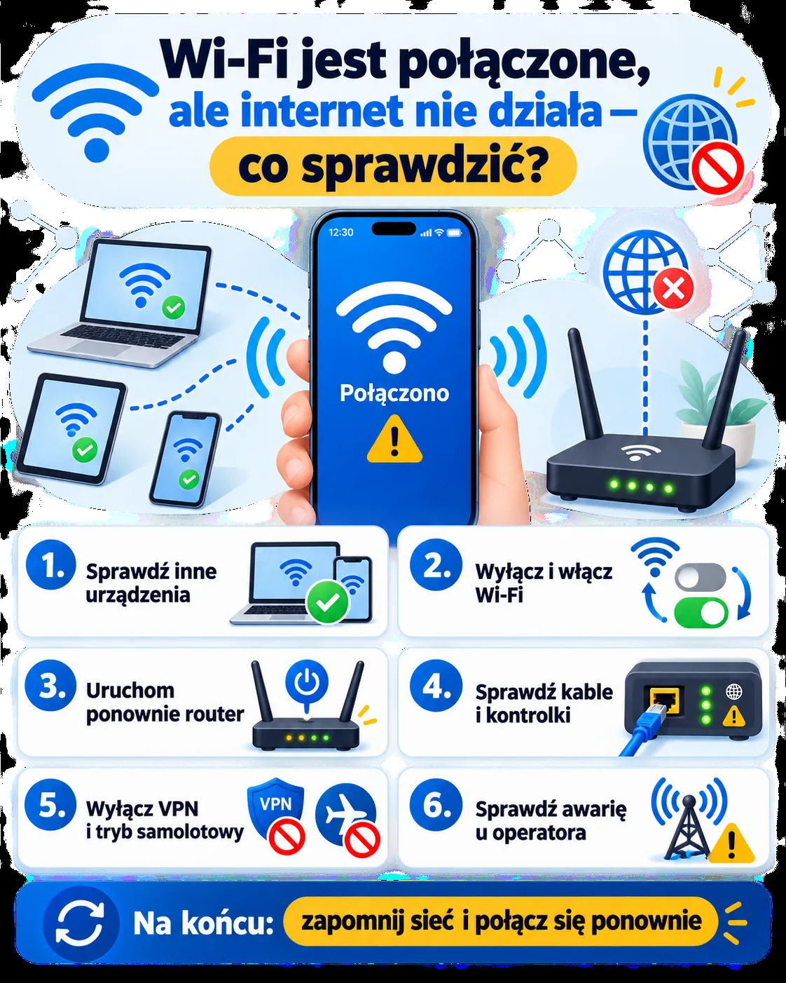 Wi-Fi jest połączone, ale internet nie działa — co sprawdzić?